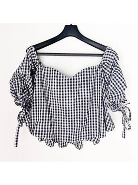 Haute Rogue Size M Navy White Gingham Off Shoulder Sleeve Crop Top Cottagecore